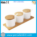 Kitchen Canister Ceramic Condiment Set with Wood Saucer